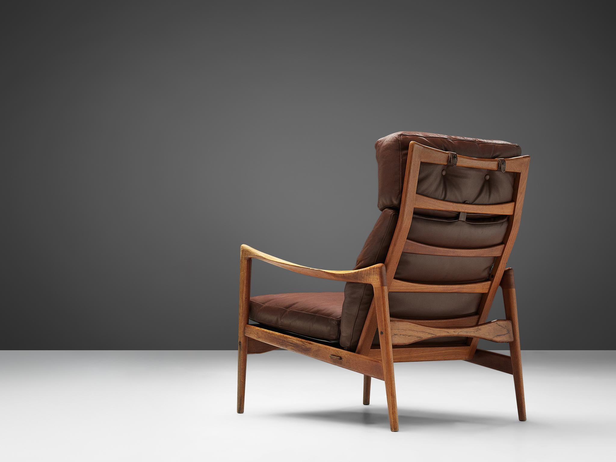 Swedish Ib Kofod-Larsen High Back Armchair in Teak and Brown Leather