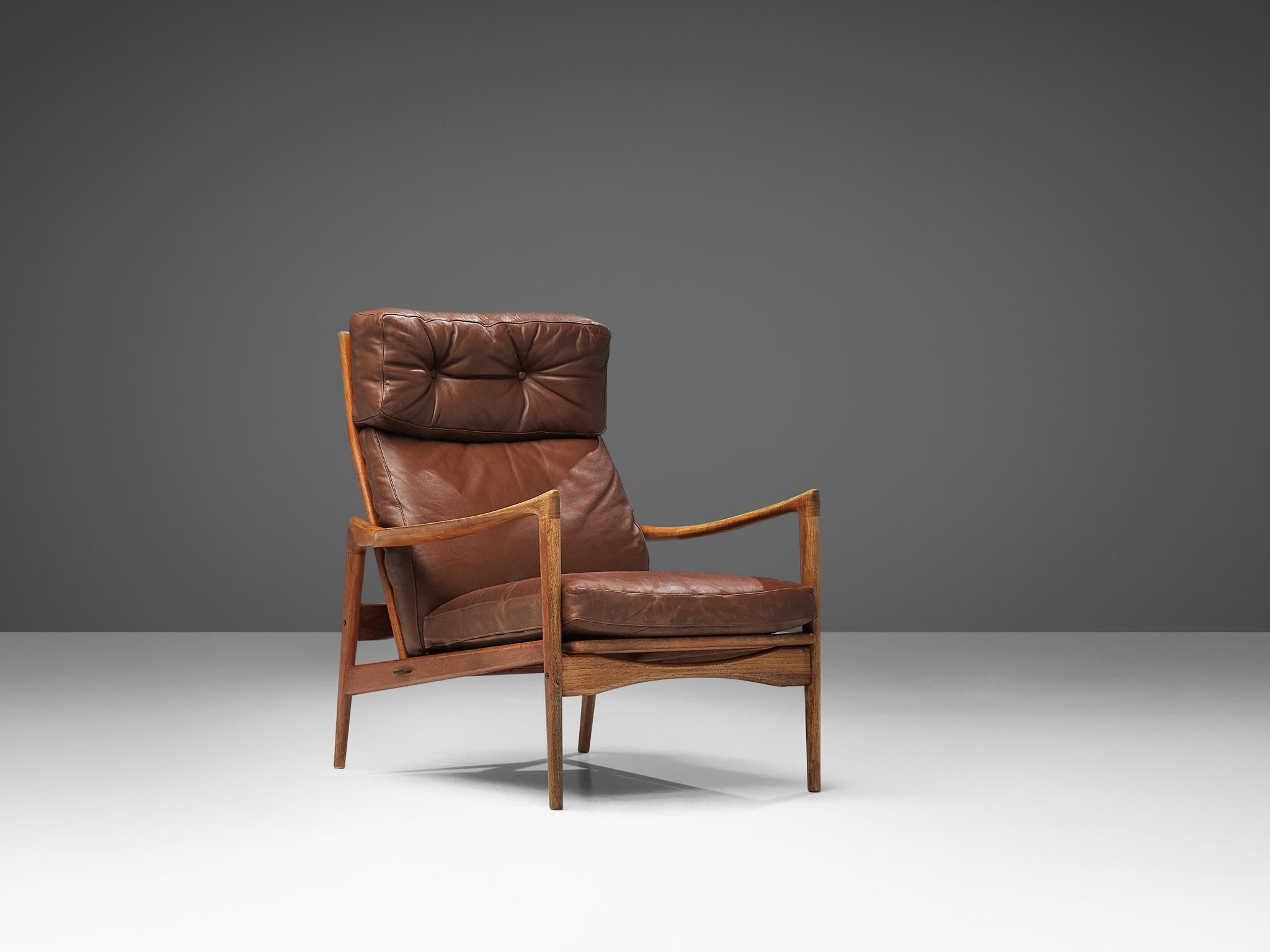 Swedish Ib Kofod-Larsen High Back Armchair in Teak and Brown Leather