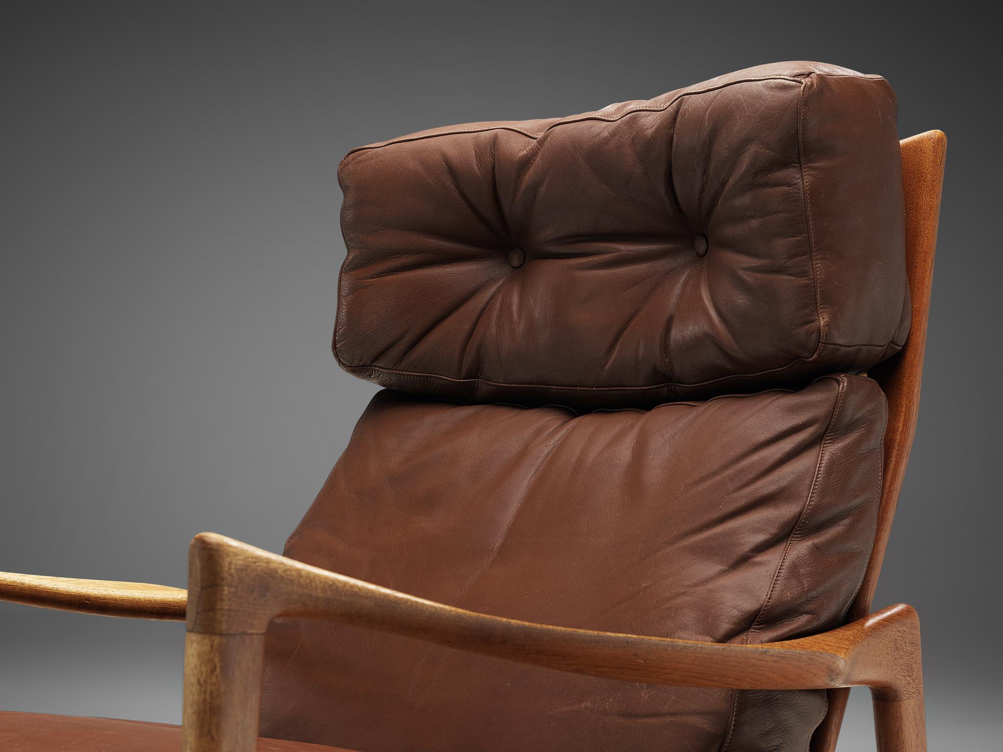 Mid-20th Century Ib Kofod-Larsen High Back Armchair in Teak and Brown Leather