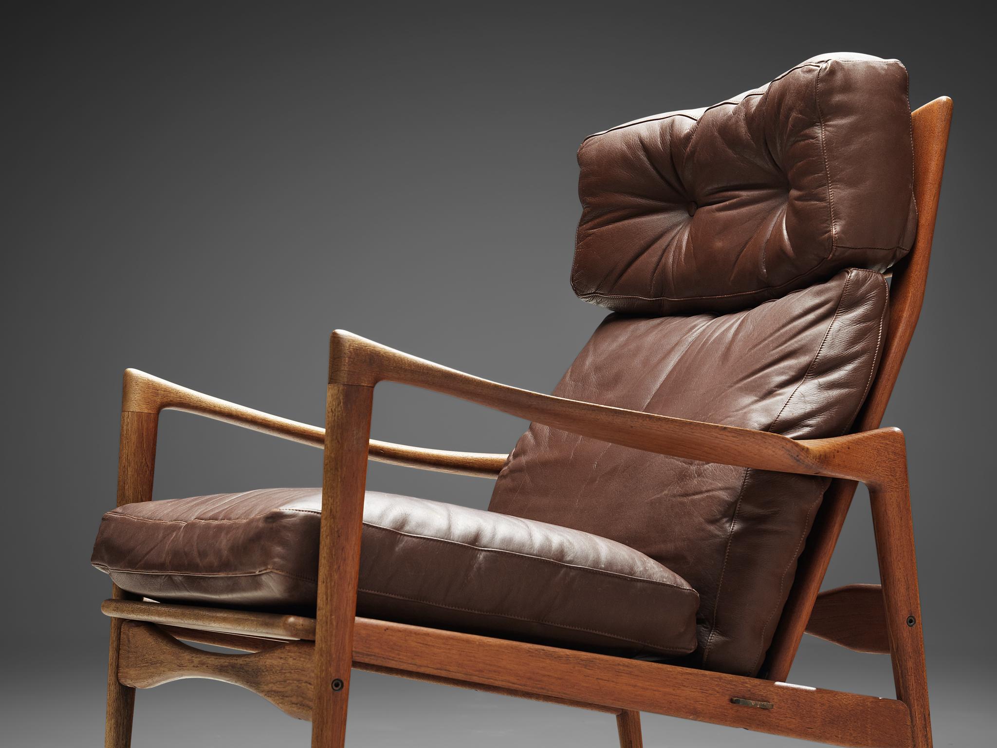 Ib Kofod-Larsen High Back Armchair in Teak and Brown Leather 1