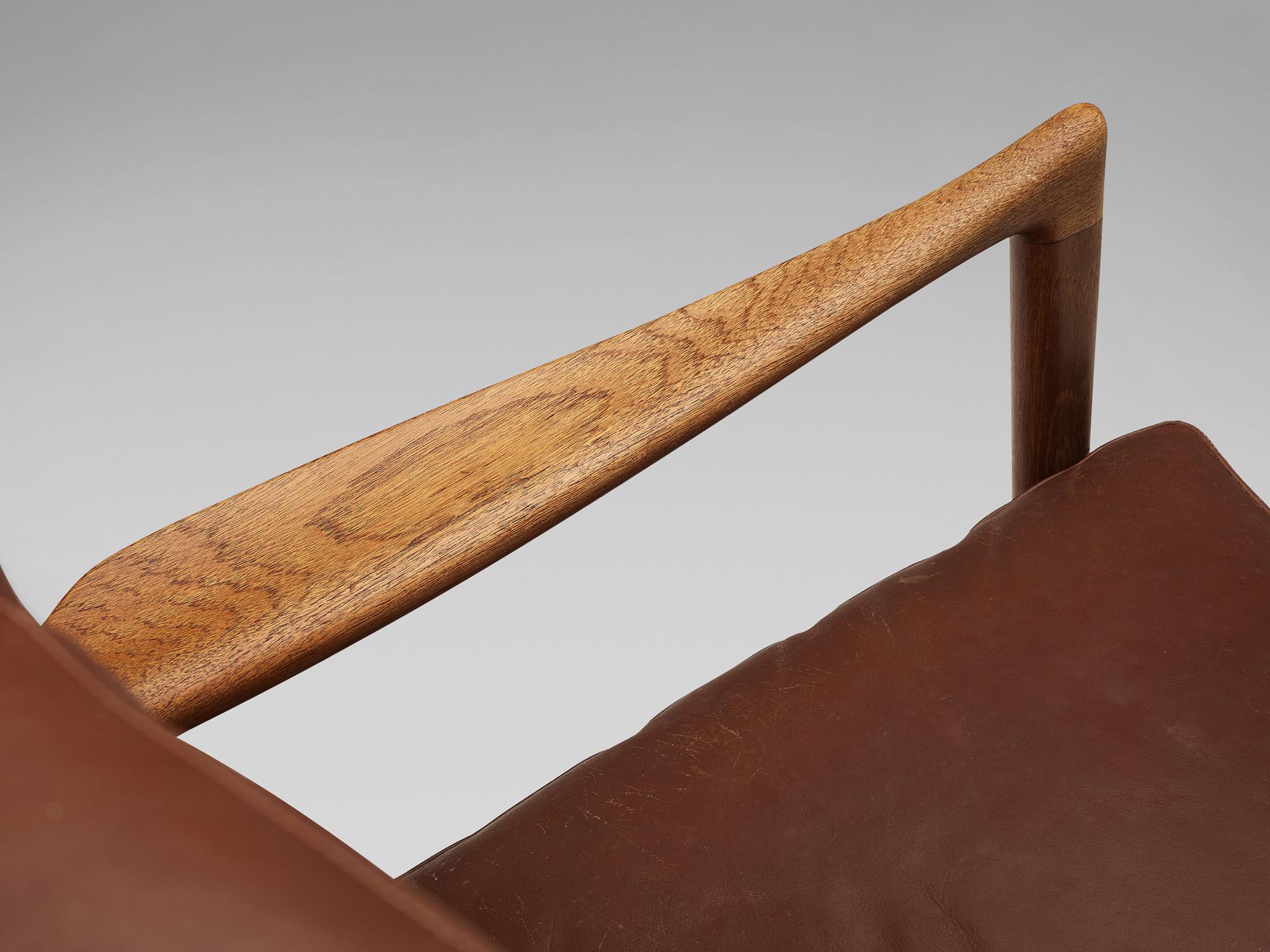 Ib Kofod-Larsen High Back Armchair in Teak and Brown Leather 1