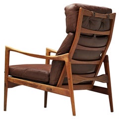 Ib Kofod-Larsen High Back Armchair in Teak and Brown Leather