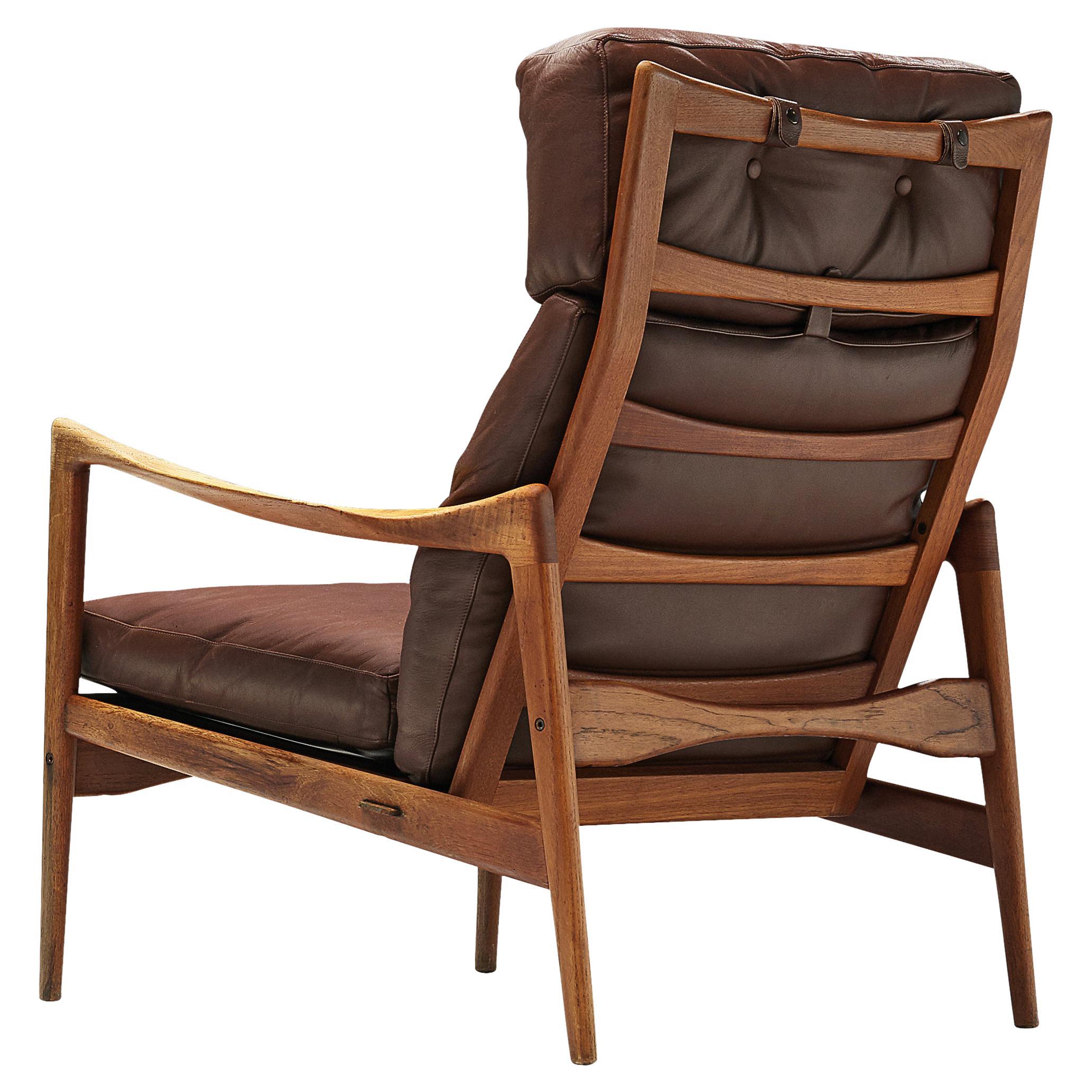 Ib Kofod-Larsen High Back Armchair in Teak and Brown Leather