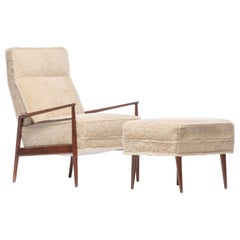 Ib Kofod-Larsen Highback Blade Arm Lounge Chair & Ottoman in Oatmeal Shearling