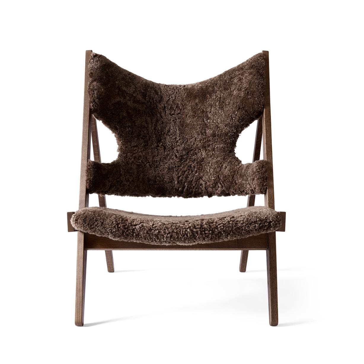 Scandinavian Modern Ib Kofod-Larsen Knitting Lounge Chair, Dark Oak with Sheepskin, Dark Brown For Sale
