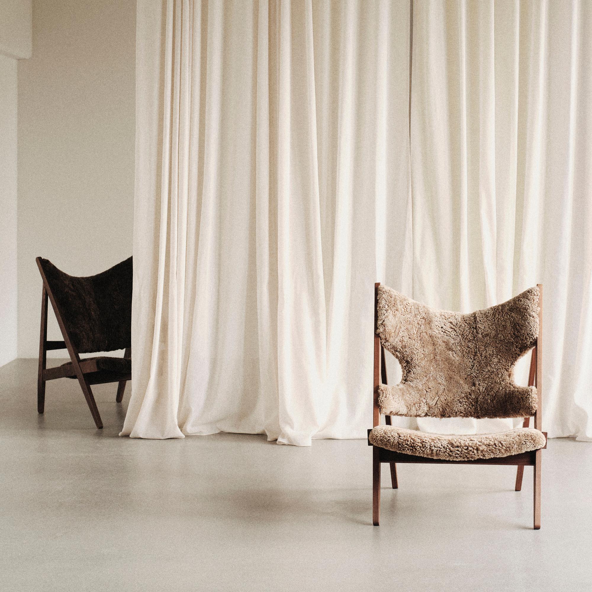 Lithuanian Ib Kofod-Larsen Knitting Lounge Chair, Dark Oak with Sheepskin, Dark Brown For Sale