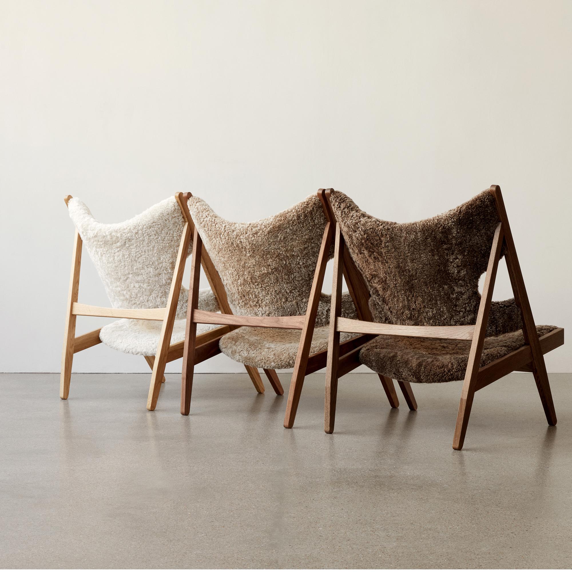 Contemporary Ib Kofod-Larsen Knitting Lounge Chair, Dark Oak with Sheepskin, Dark Brown For Sale