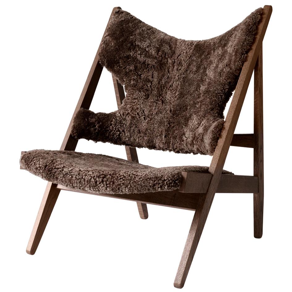 Ib Kofod-Larsen Knitting Lounge Chair, Dark Oak with Sheepskin, Dark Brown For Sale