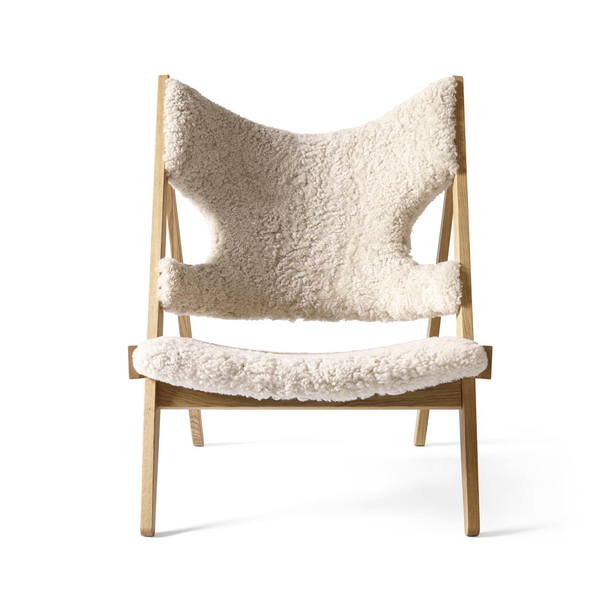 Scandinavian Modern Ib Kofod-Larsen Knitting Lounge Chair, Natural Oak with Sheepskin, White For Sale