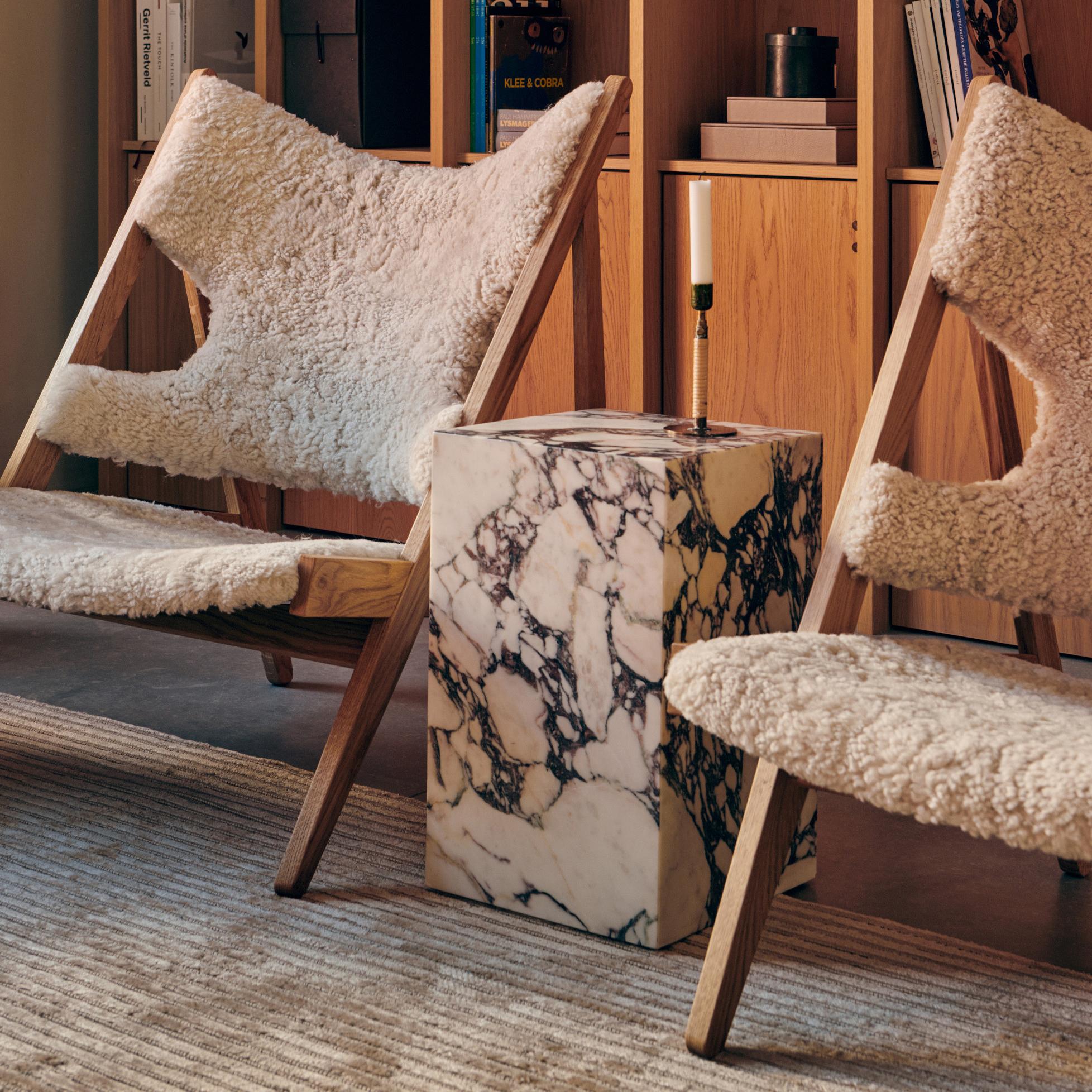 Lithuanian Ib Kofod-Larsen Knitting Lounge Chair, Natural Oak with Sheepskin, White For Sale
