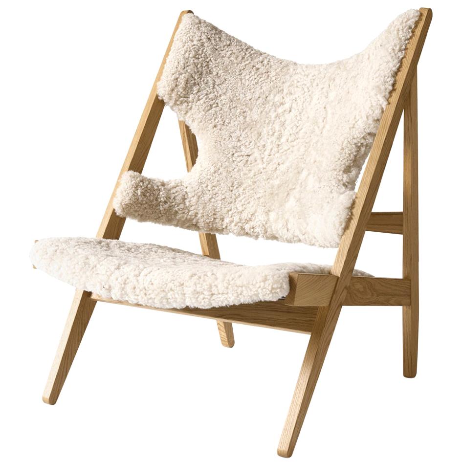 Ib Kofod-Larsen Knitting Lounge Chair, Natural Oak with Sheepskin, White For Sale