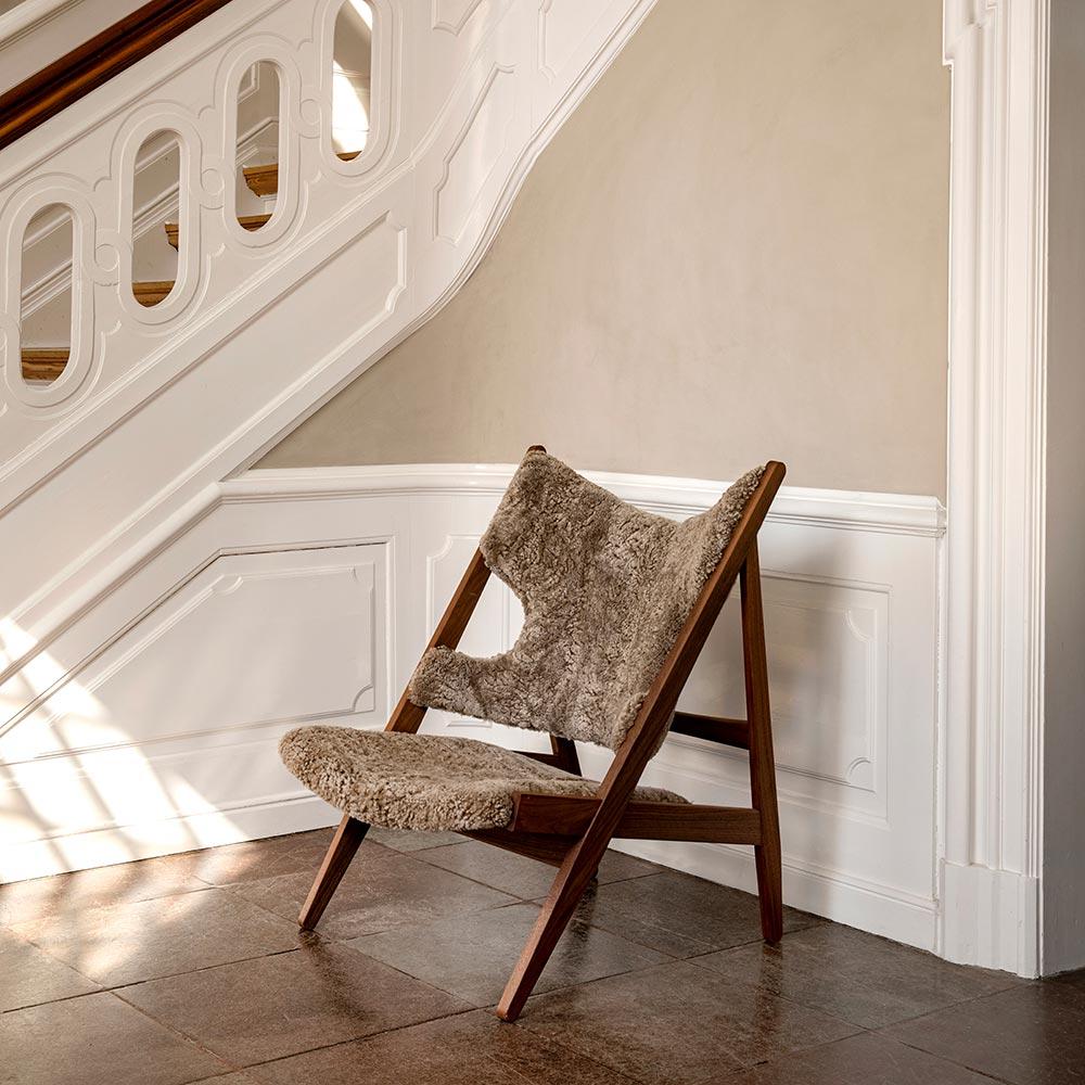 Danish Ib Kofod-Larsen Knitting Lounge Chair Sheepskin Sahara Walnut for Audo For Sale