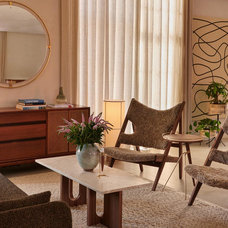 Ib Kofod-Larsen Knitting Lounge Chair, Walnut Base with Sheepskin, Nougat For Sale 7