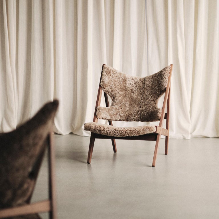 Ib Kofod-Larsen Knitting Lounge Chair, Walnut Base with Sheepskin, Nougat For Sale 8