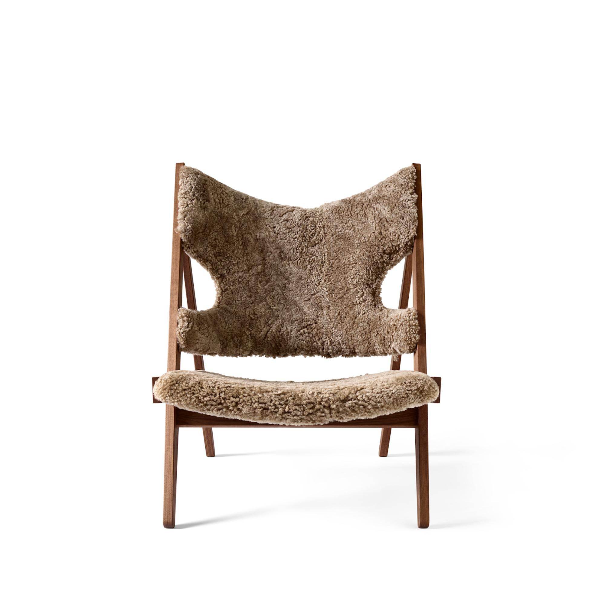 Scandinavian Modern Ib Kofod-Larsen Knitting Lounge Chair, Walnut Base with Sheepskin, Nougat For Sale