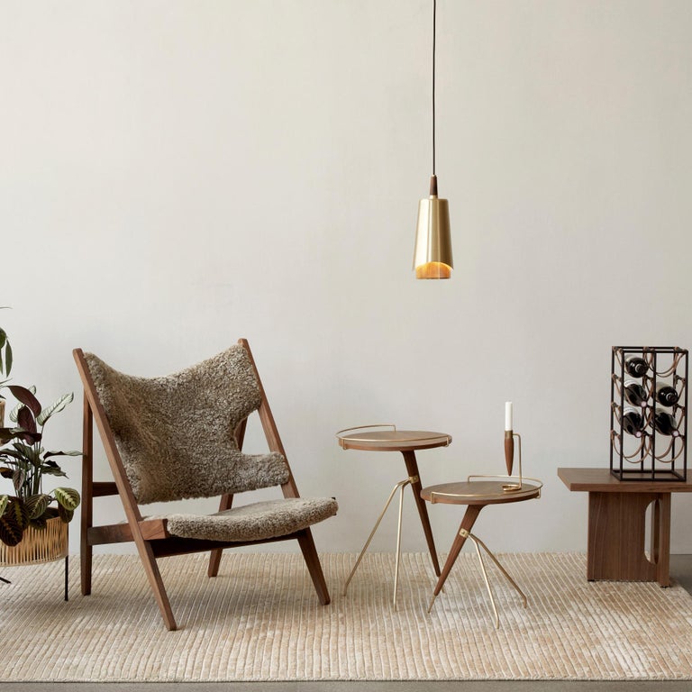 Lithuanian Ib Kofod-Larsen Knitting Lounge Chair, Walnut Base with Sheepskin, Nougat For Sale