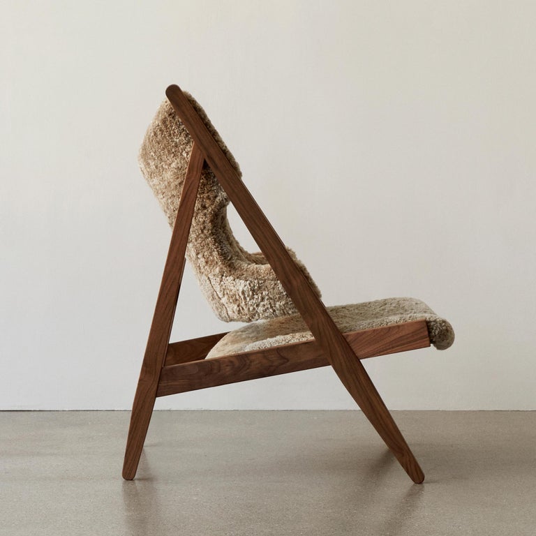 Ib Kofod-Larsen Knitting Lounge Chair, Walnut Base with Sheepskin, Nougat In New Condition For Sale In San Marcos, CA