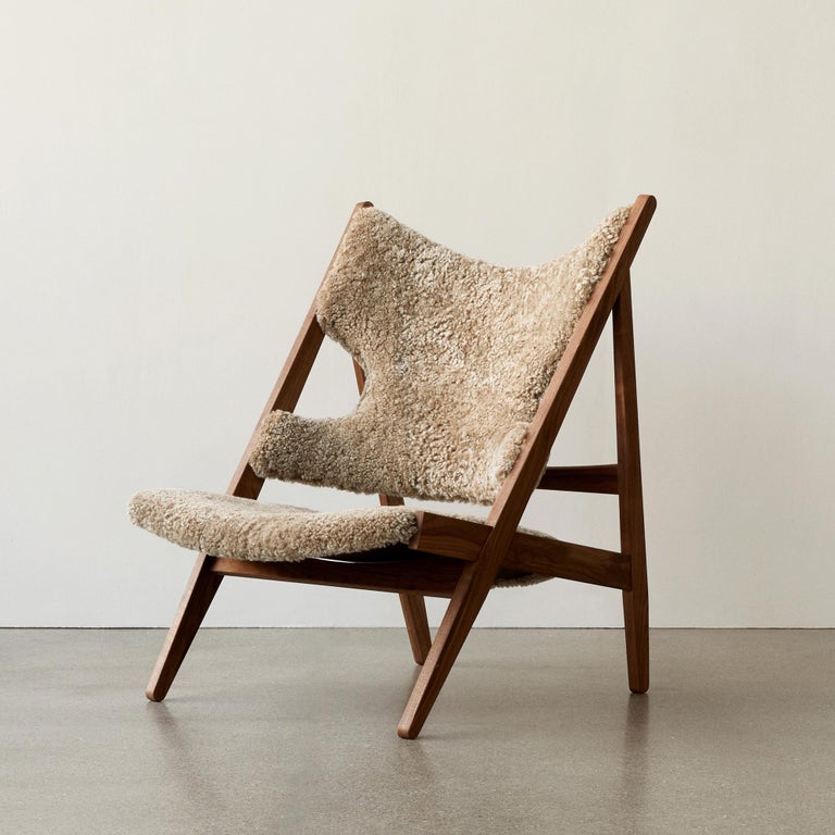Contemporary Ib Kofod-Larsen Knitting Lounge Chair, Walnut Base with Sheepskin, Nougat For Sale