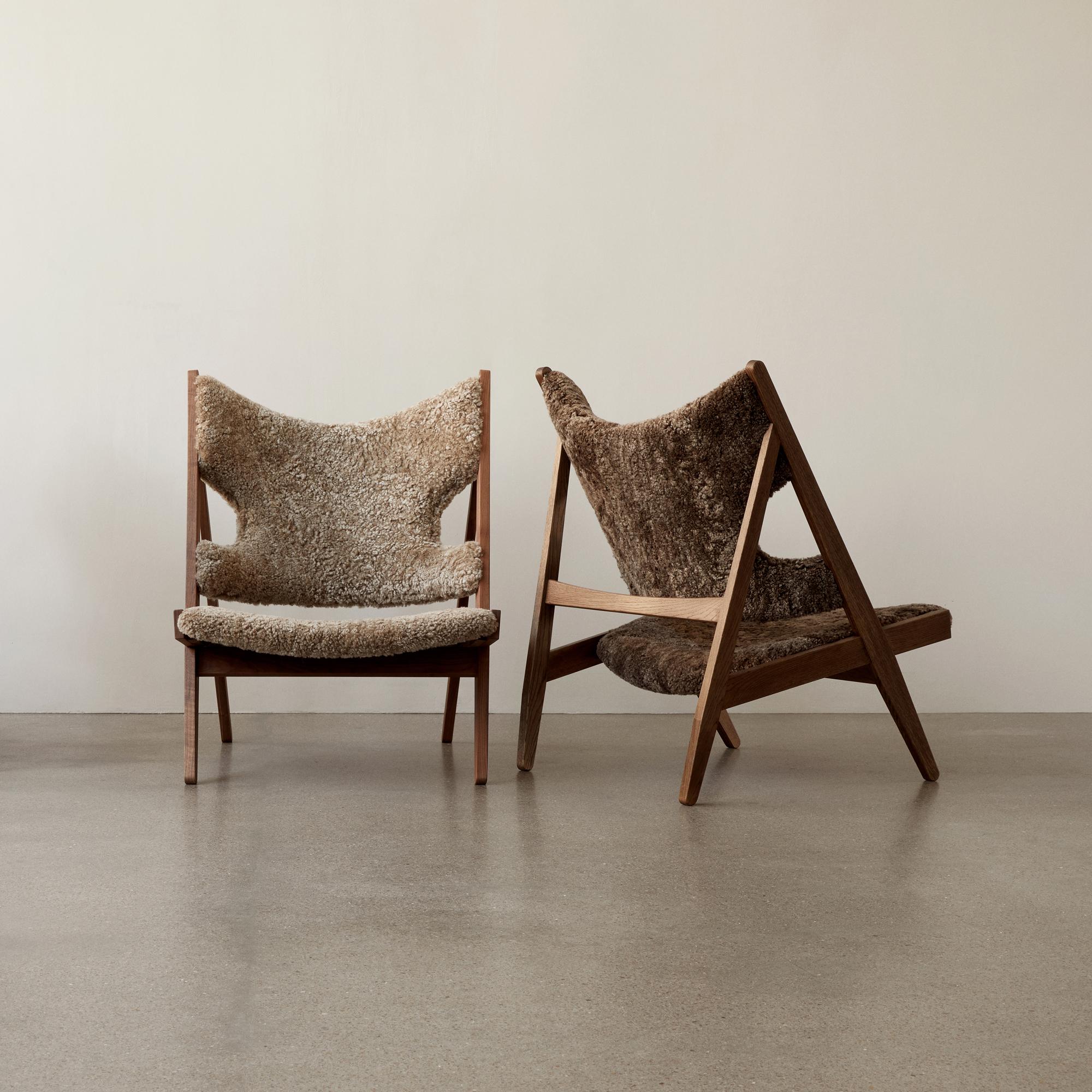 Ib Kofod-Larsen Knitting Lounge Chair, Walnut Base with Sheepskin, Nougat For Sale 2