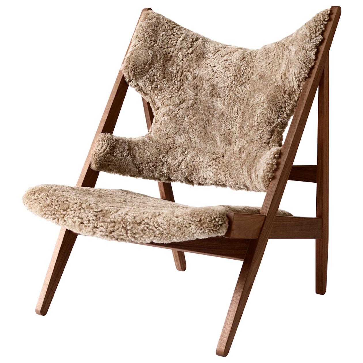 Ib Kofod-Larsen Knitting Lounge Chair, Walnut Base with Sheepskin, Nougat For Sale