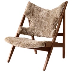Ib Kofod-Larsen Knitting Lounge Chair, Walnut Base with Sheepskin, Nougat