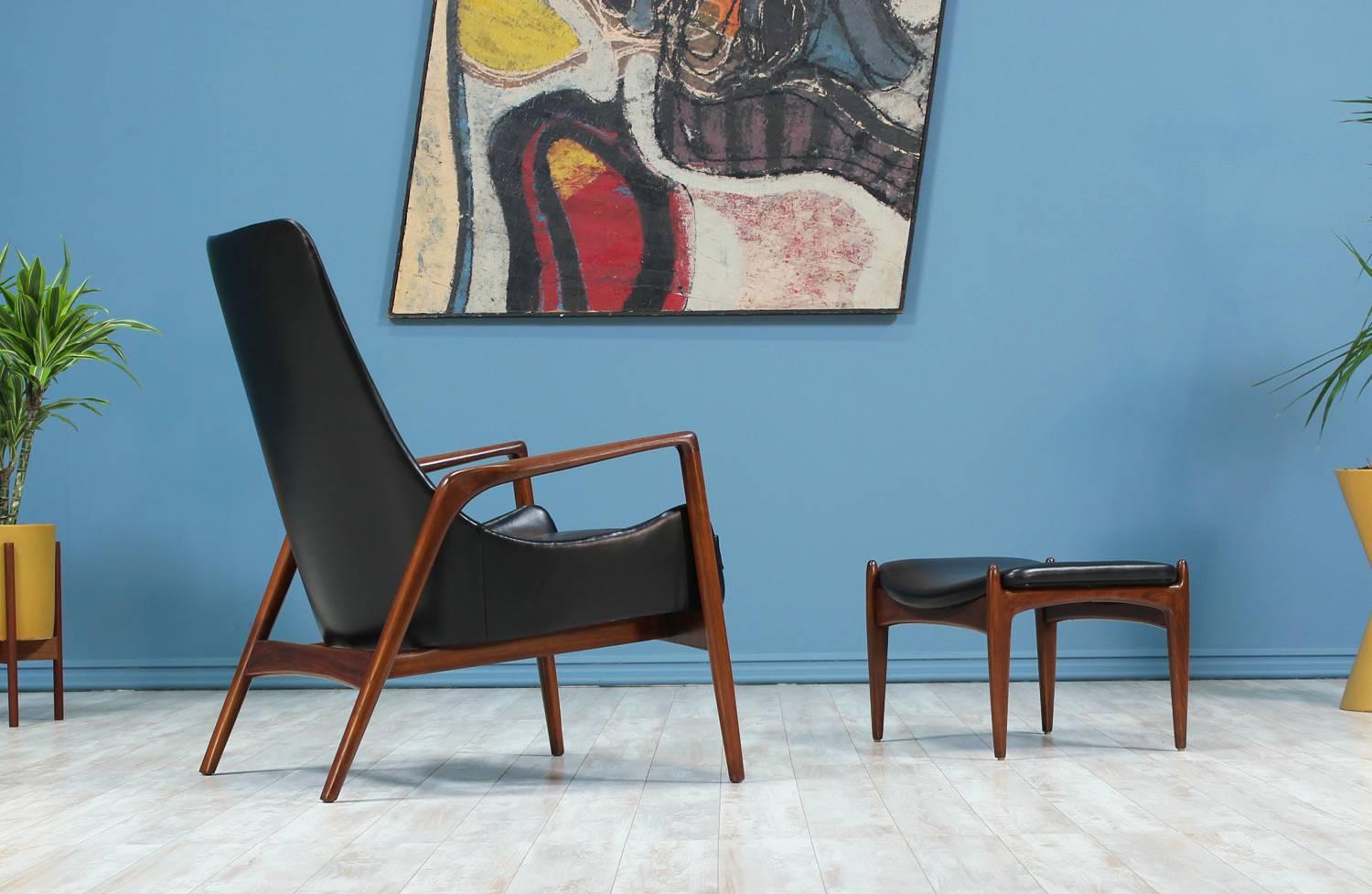 Danish Ib Kofod-Larsen Leather Lounge Chair with Ottoman