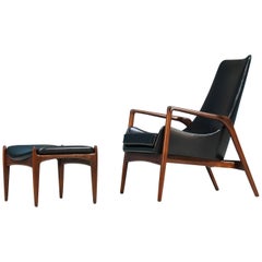 Ib Kofod-Larsen Leather Lounge Chair with Ottoman