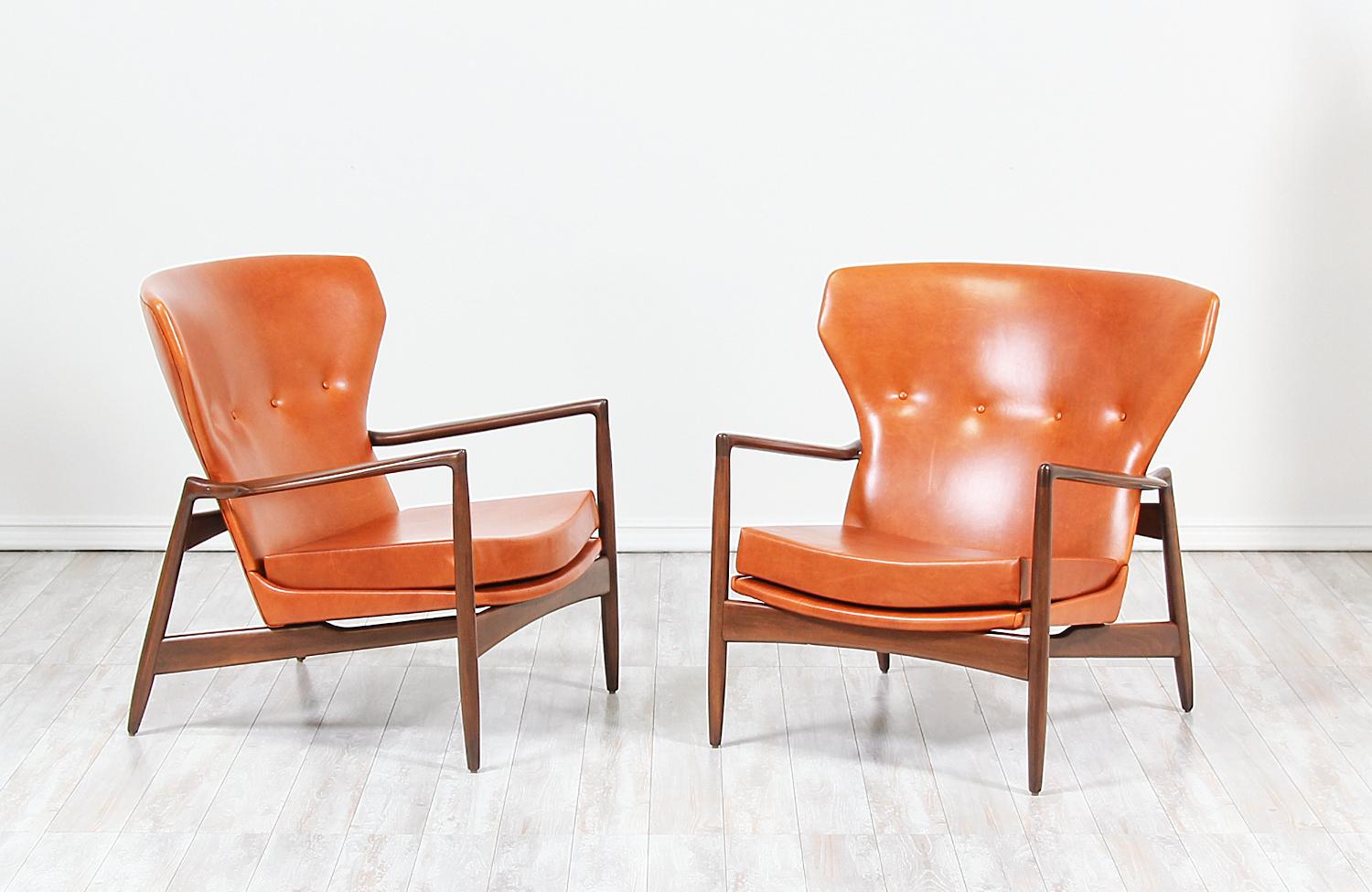 Danish Ib Kofod-Larsen Leather Wing Back Lounge Chairs for Selig