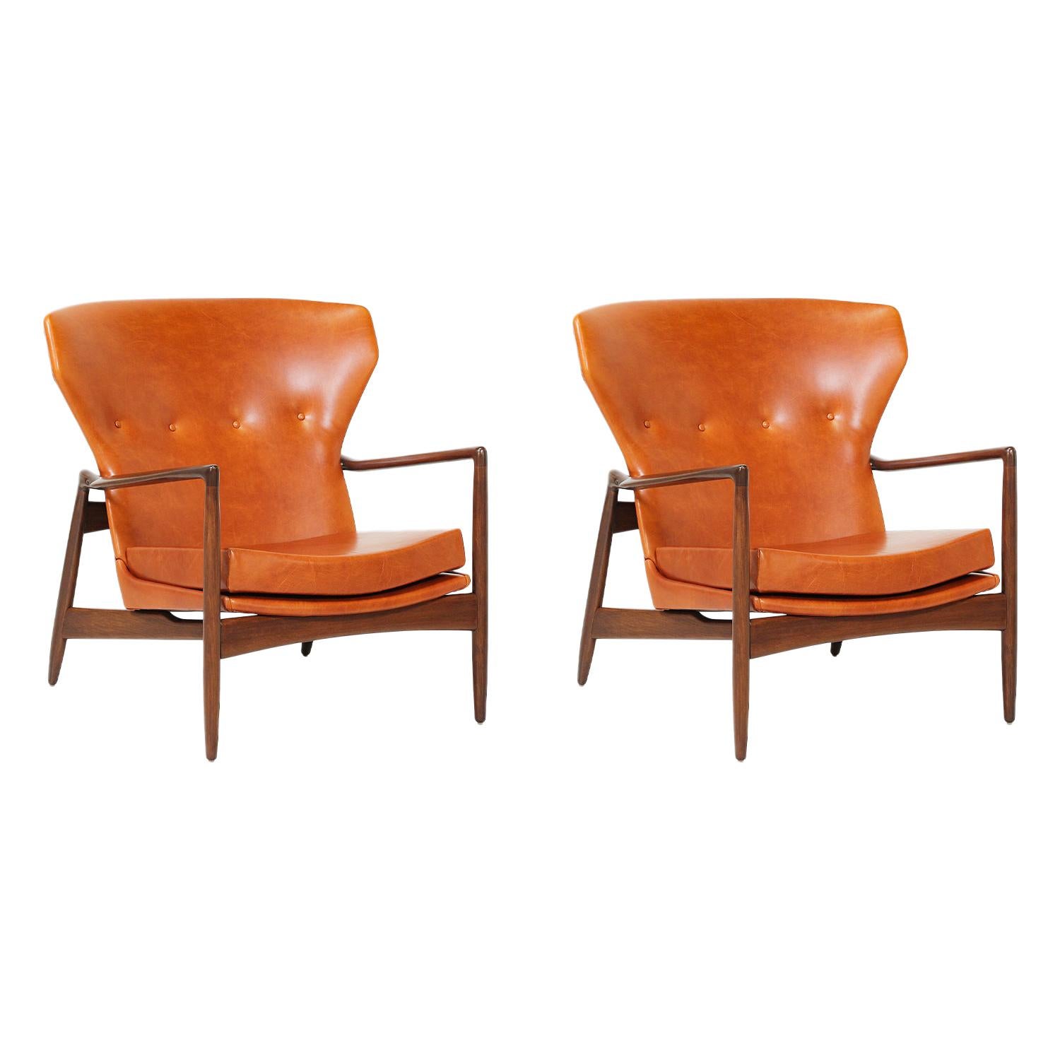 Ib Kofod-Larsen Leather Wing Back Lounge Chairs for Selig