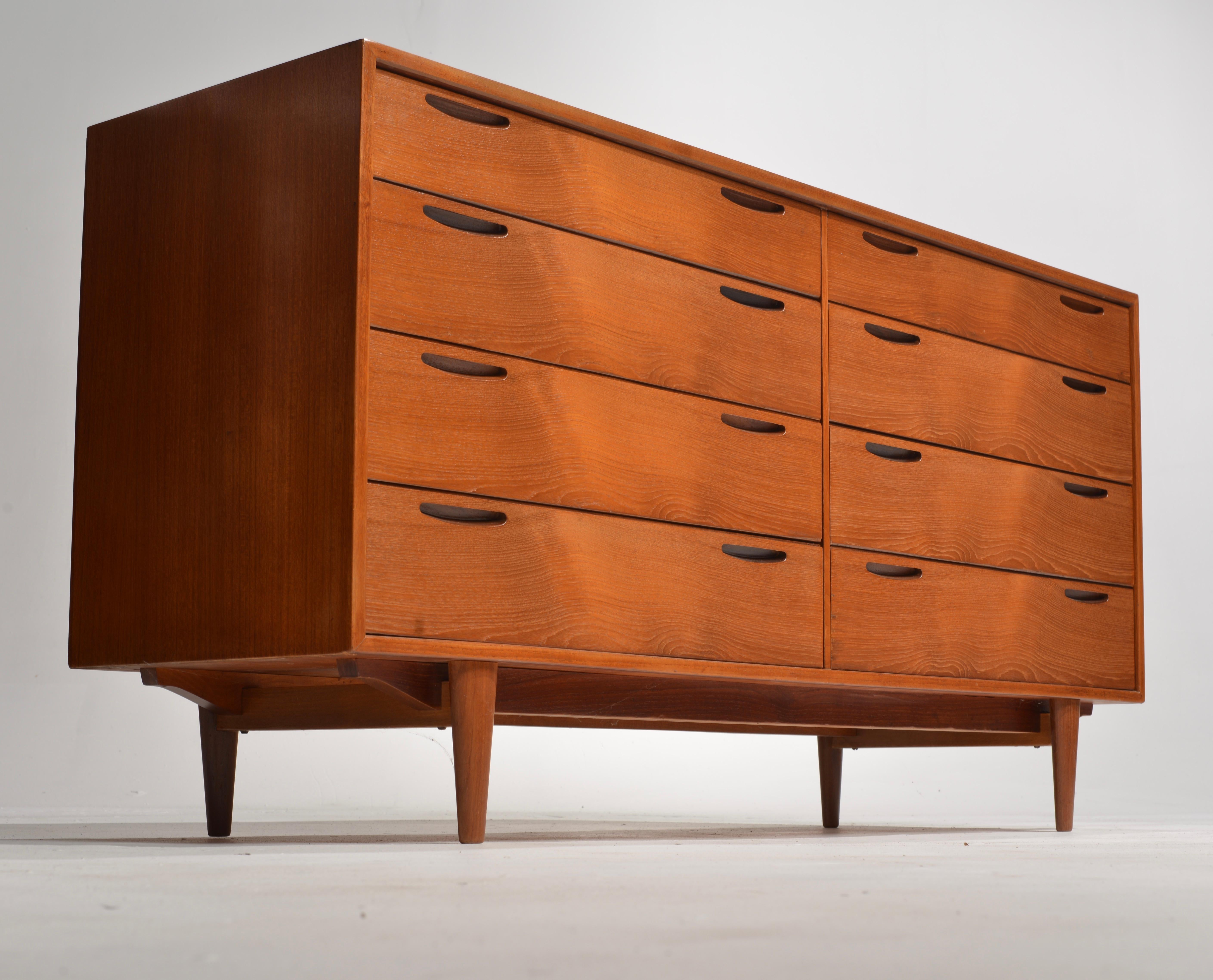 Scandinavian Modern Ib Kofod Larsen Long 8 Drawer Dresser in Teak for J. Clausen & Son Brande Mobelf For Sale