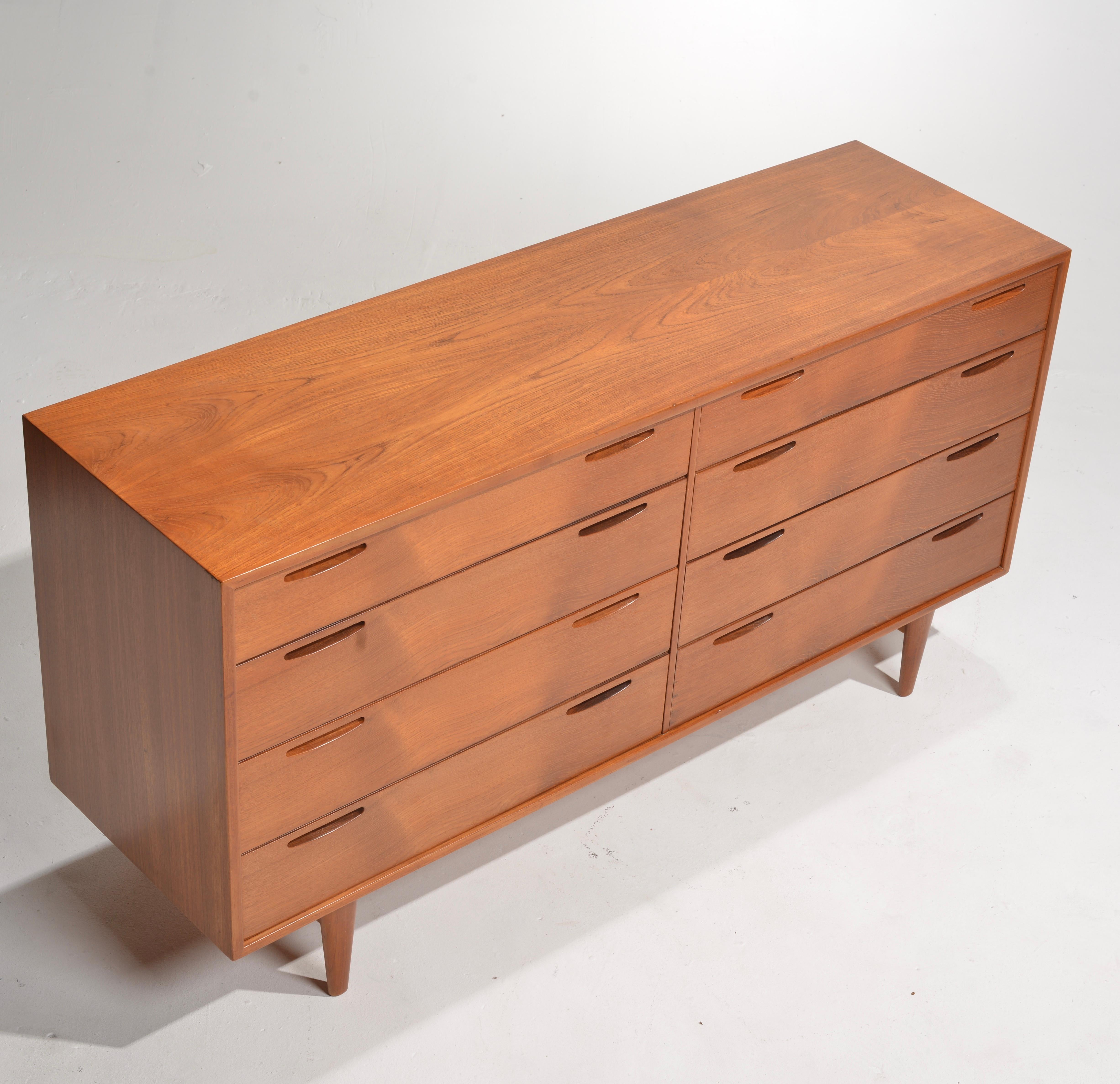 Danish Ib Kofod Larsen Long 8 Drawer Dresser in Teak for J. Clausen & Son Brande Mobelf For Sale