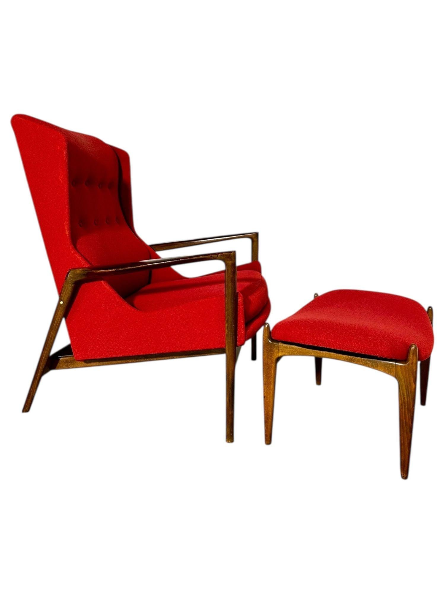 Ib Kofod-Larsen Lounge Chair and Ottoman, Denmark 1960’s.  Original upholstery no label.
Measures 37” tall 32” wide 34” deep, seat height 16.5” 21” deep.  Ottoman 14” tall 25.5” wide 18” deep.