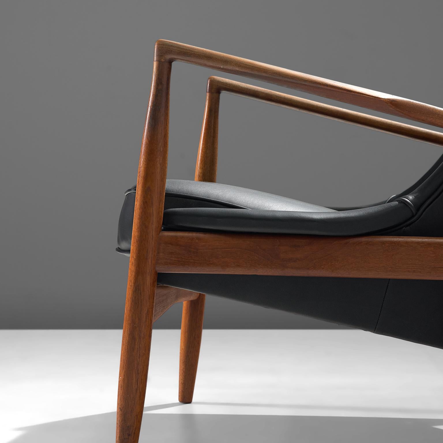 Scandinavian Modern Ib Kofod-Larsen Lounge Chair in Black Leather and Teak 