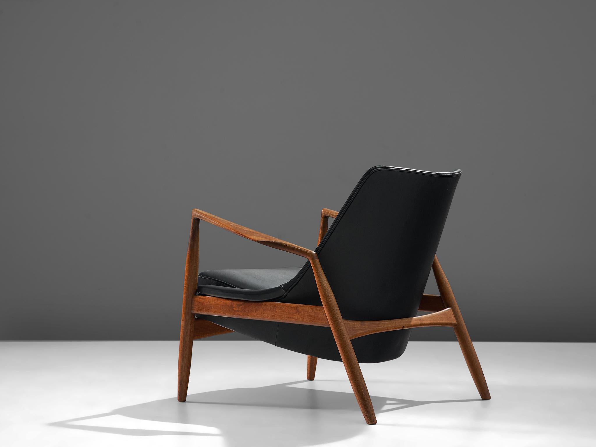 Danish Ib Kofod-Larsen Lounge Chair in Black Leather and Teak 