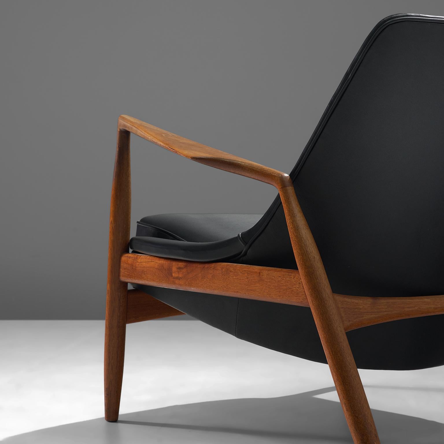 Ib Kofod-Larsen Lounge Chair in Black Leather and Teak  1