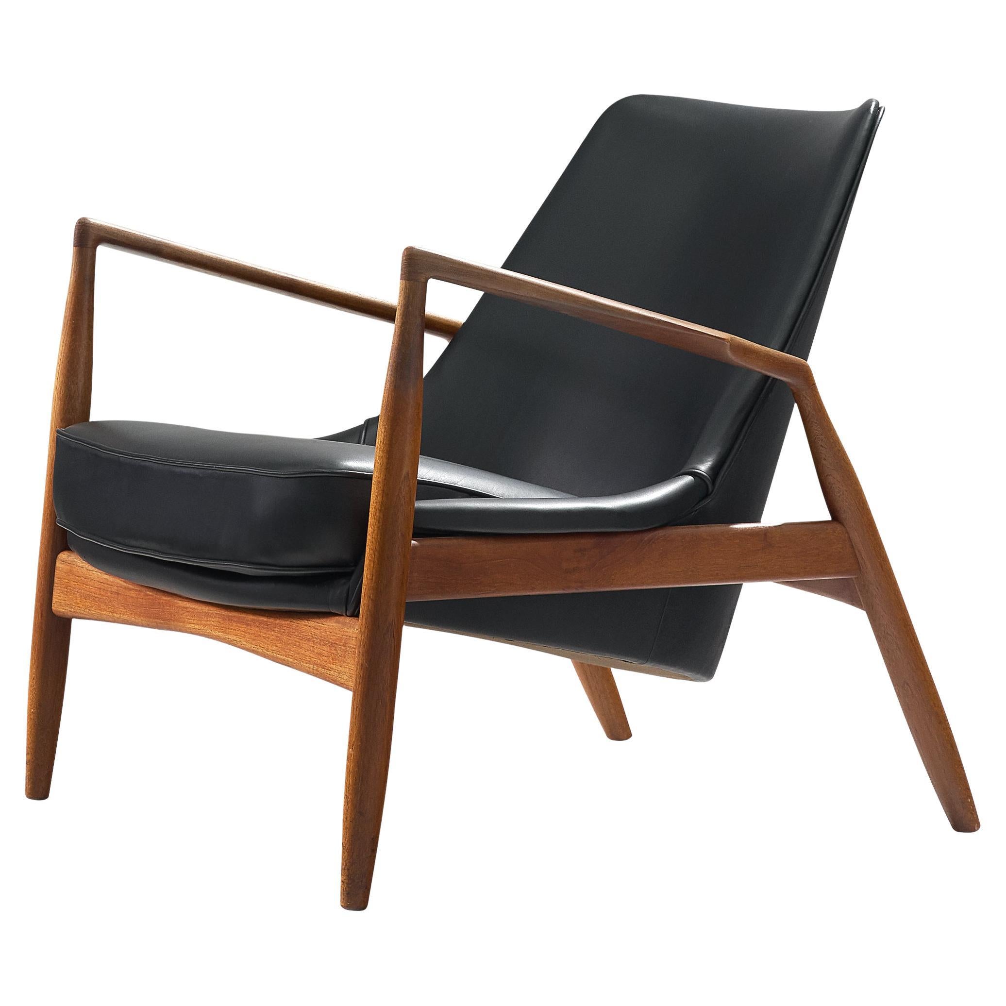 Ib Kofod-Larsen Lounge Chair in Black Leather and Teak 