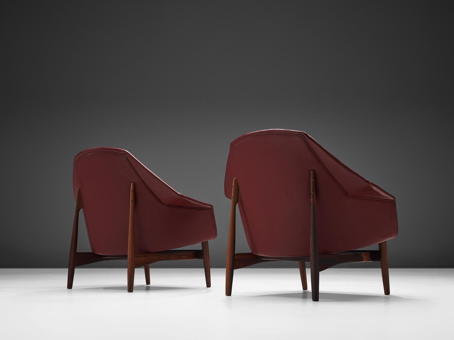 Danish Ib Kofod-Larsen Lounge Chairs in Rosewood and Burgundy Leather