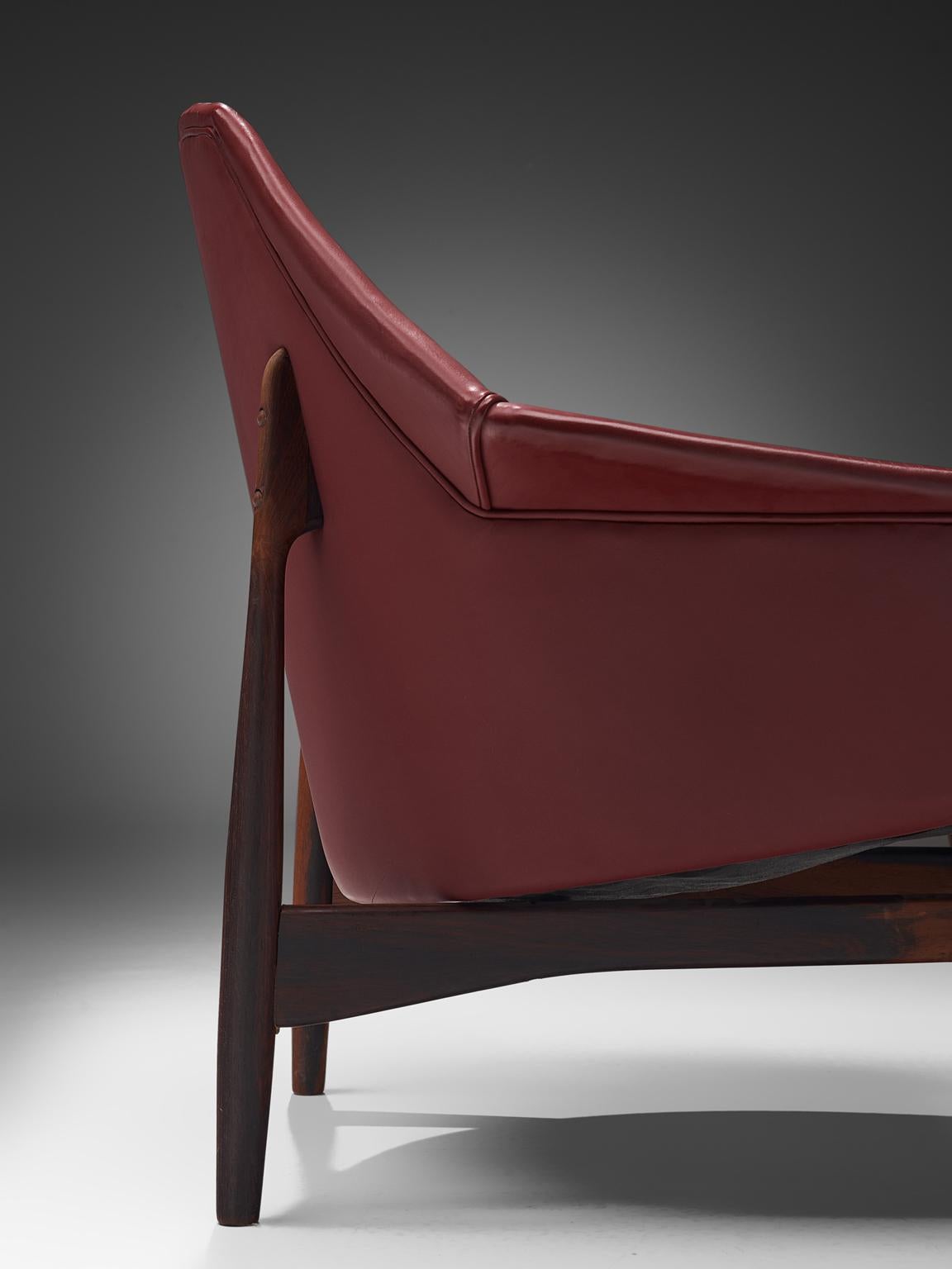 Wood Ib Kofod-Larsen Lounge Chairs in Rosewood and Burgundy Leather