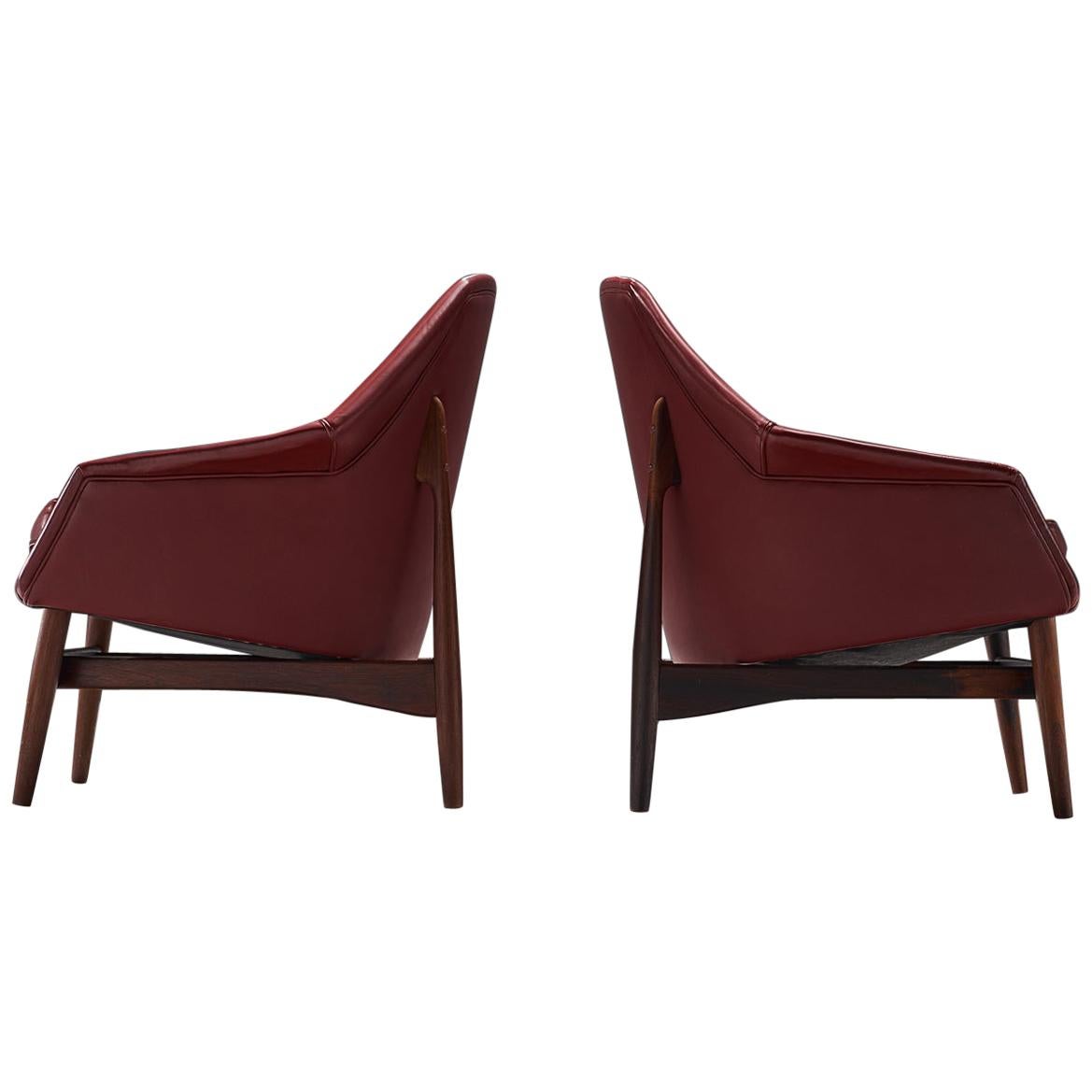 Ib Kofod-Larsen Lounge Chairs in Rosewood and Burgundy Leather