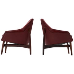 Ib Kofod-Larsen Lounge Chairs in Rosewood and Burgundy Leather