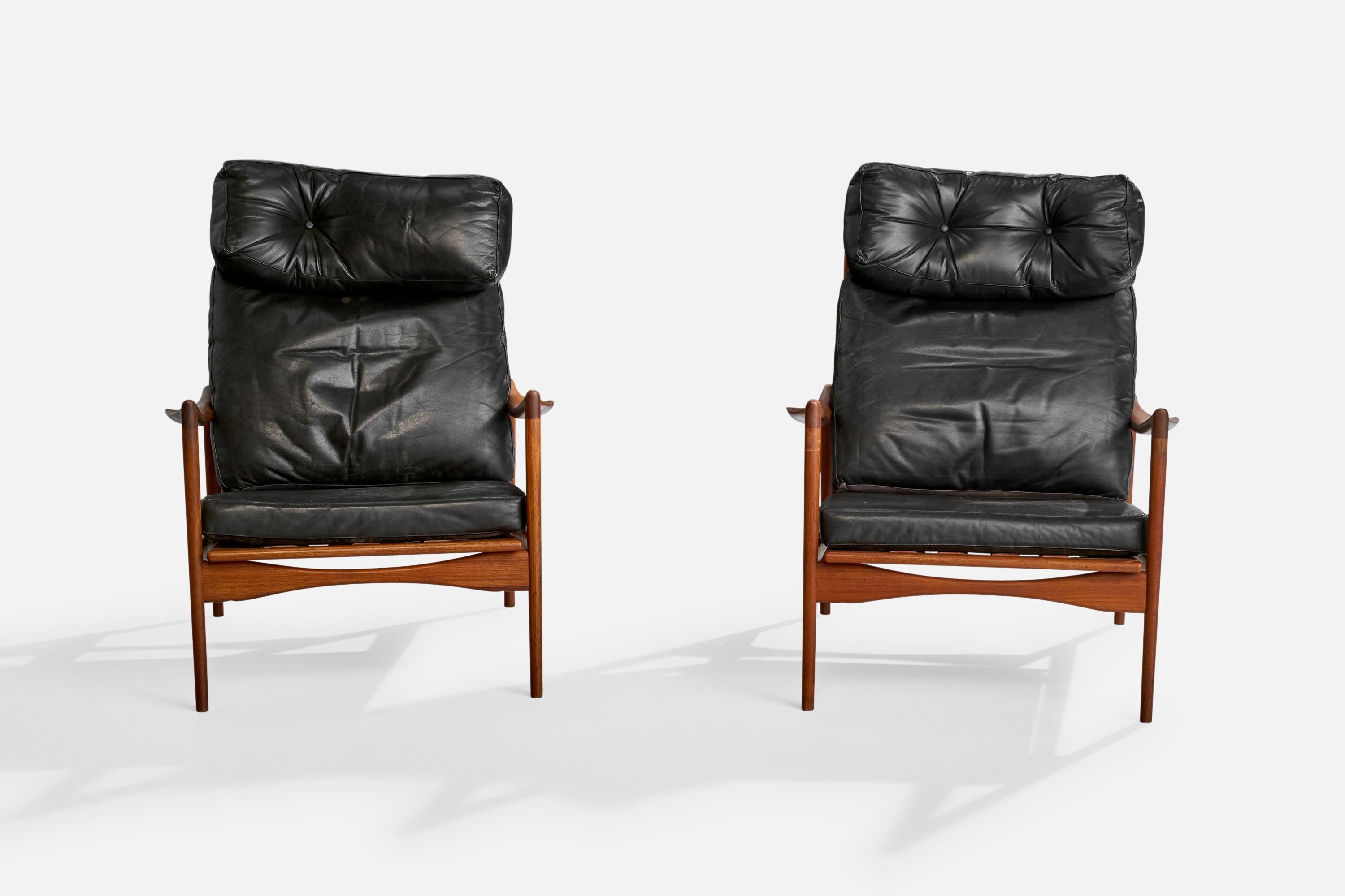Ib Kofod-Larsen, Chaises longues, teck, cuir, Suède, années 1950 en vente 6