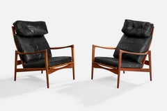 Ib Kofod-Larsen, Lounge Chairs, Teak, Leather, Sweden, 1950s