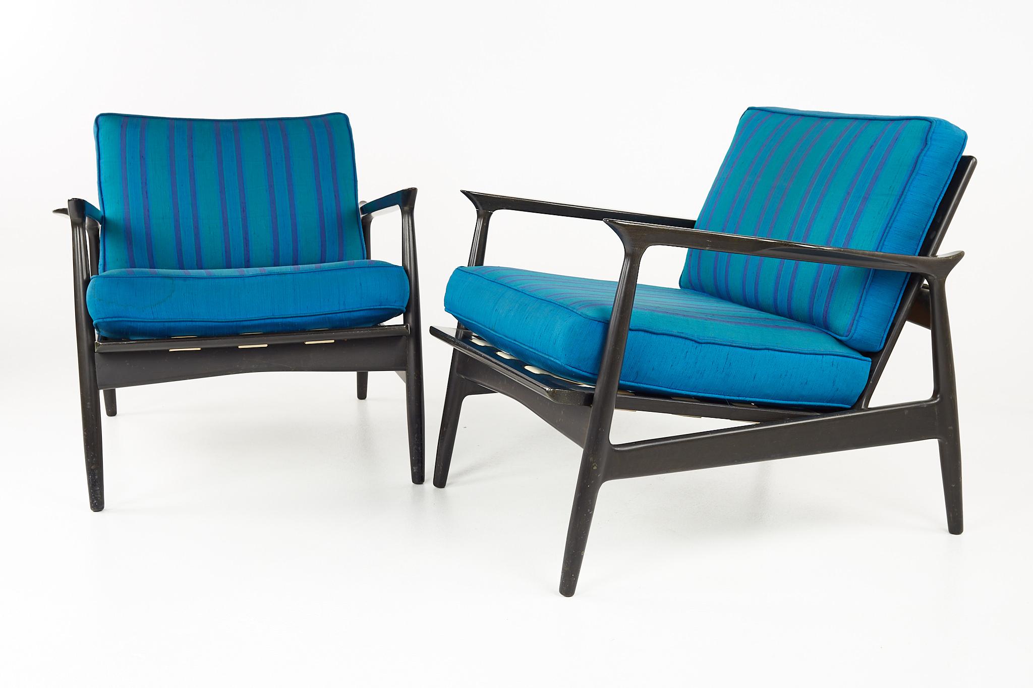 Mid-Century Modern IB Kofod Larsen MCM Ebonized and Grasscloth Danish Lounge Chairs, Pair