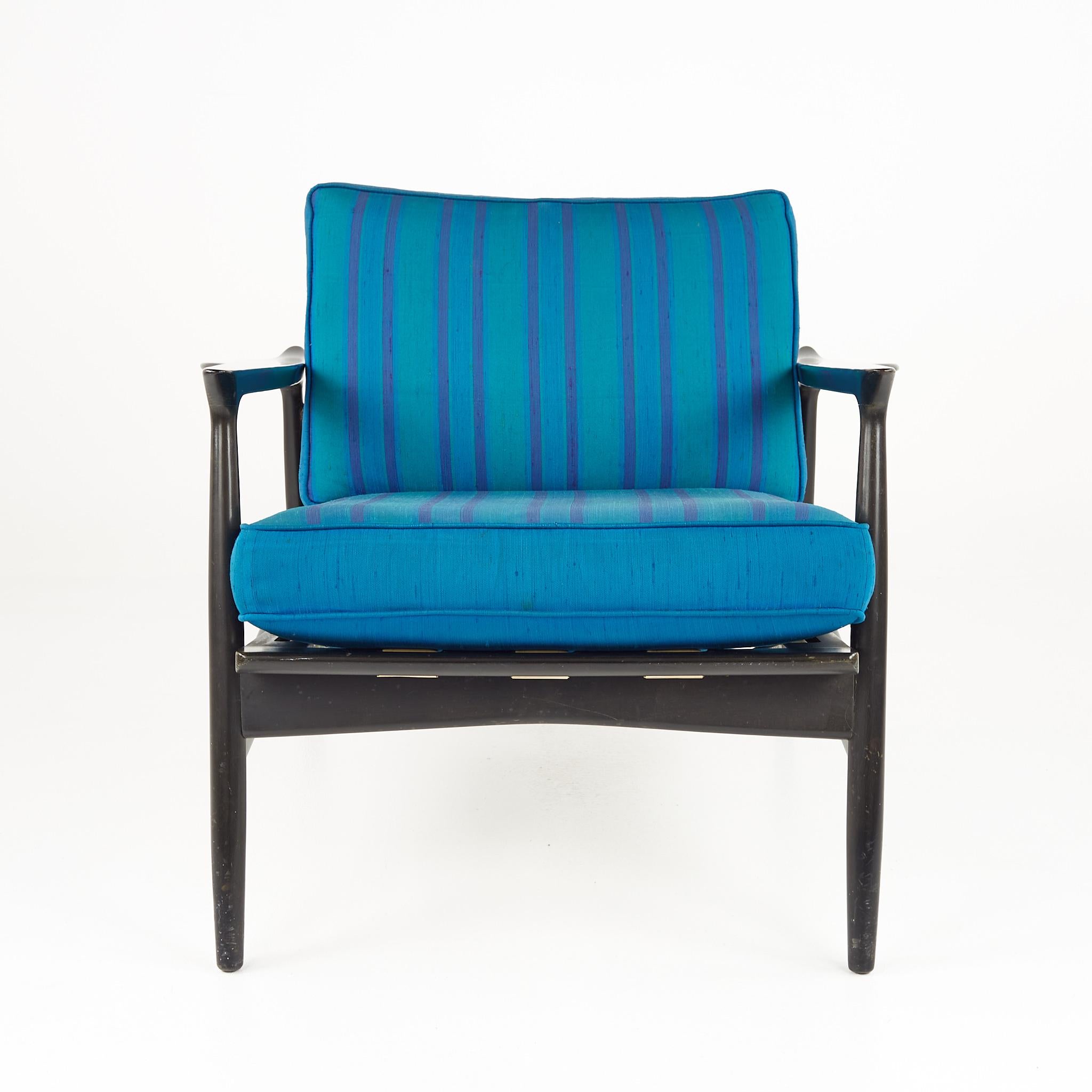 Late 20th Century IB Kofod Larsen MCM Ebonized and Grasscloth Danish Lounge Chairs, Pair