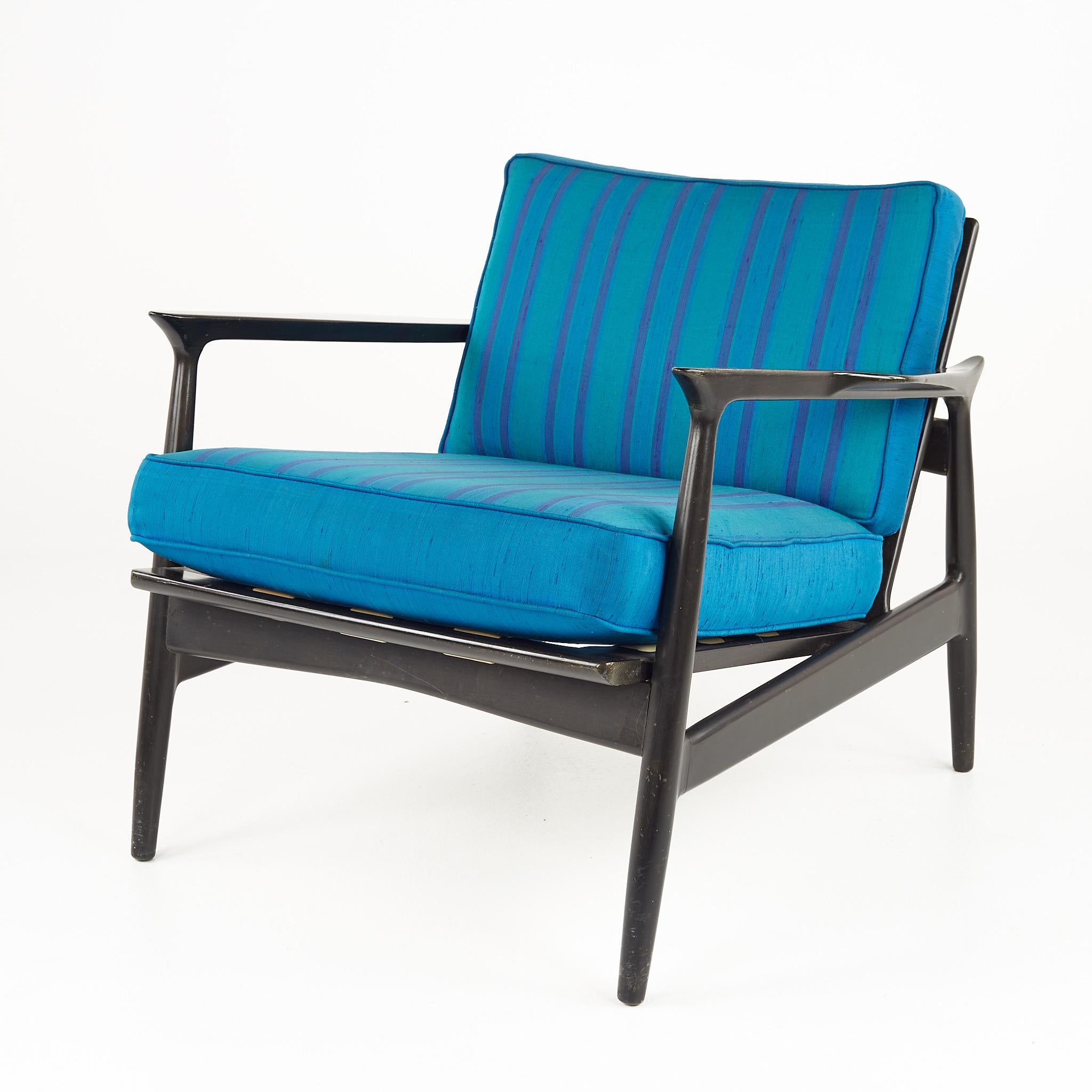 IB Kofod Larsen MCM Ebonized and Grasscloth Danish Lounge Chairs, Pair 1