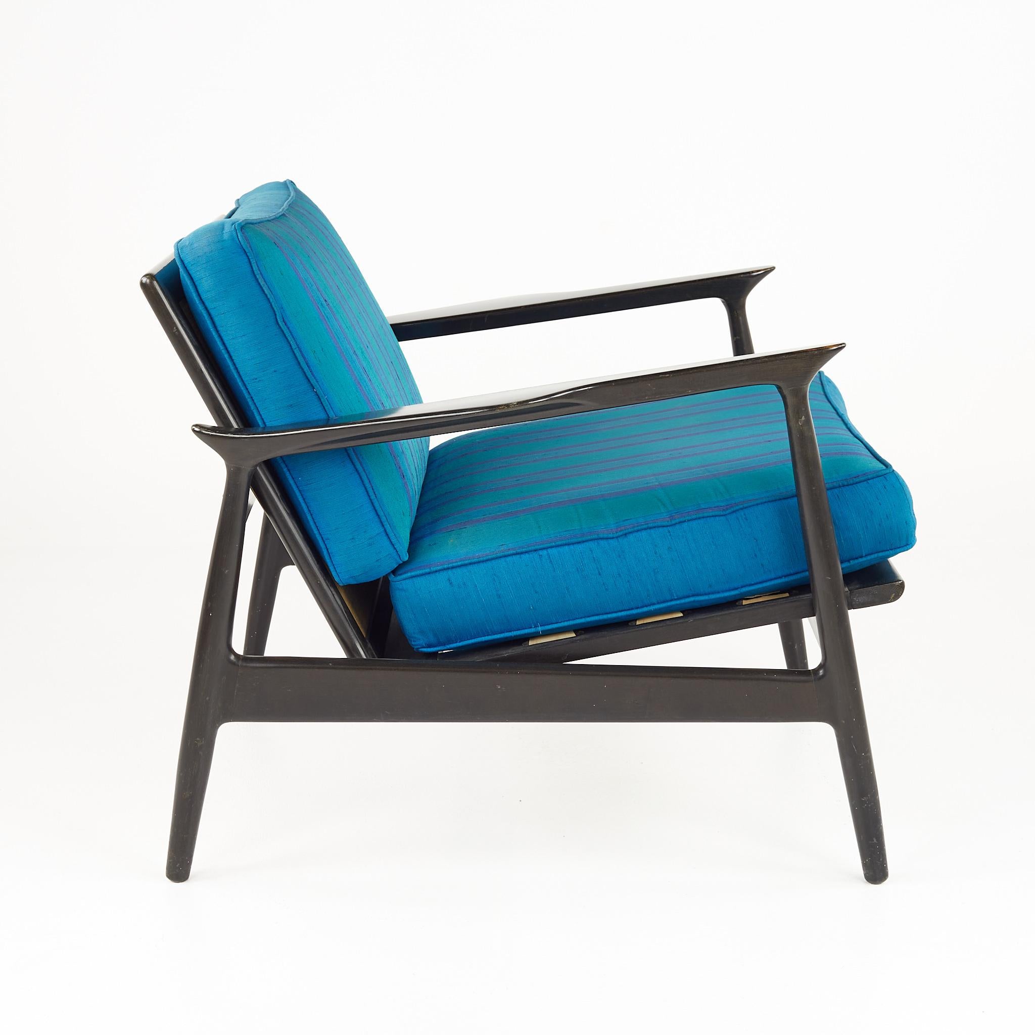 IB Kofod Larsen MCM Ebonized and Grasscloth Danish Lounge Chairs, Pair 2