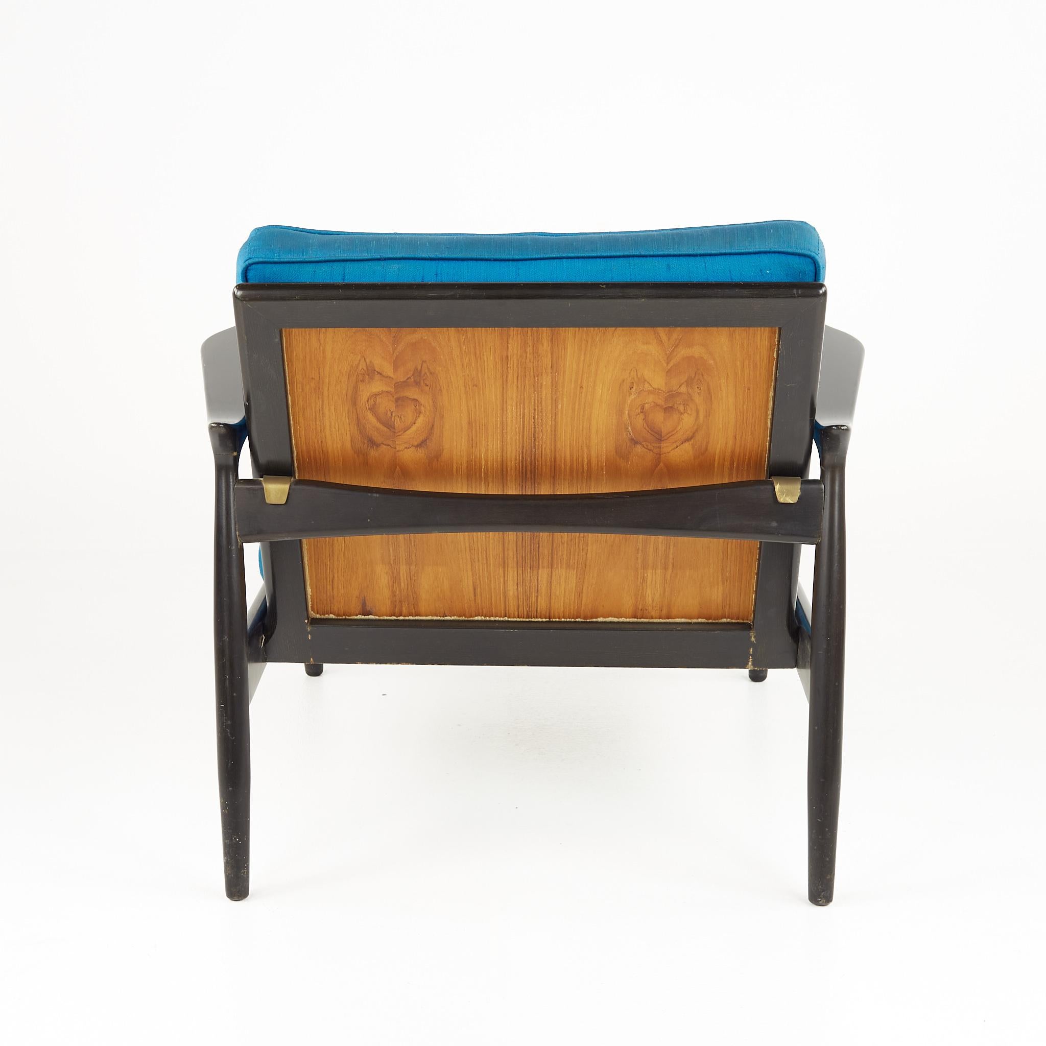 IB Kofod Larsen MCM Ebonized and Grasscloth Danish Lounge Chairs, Pair 3
