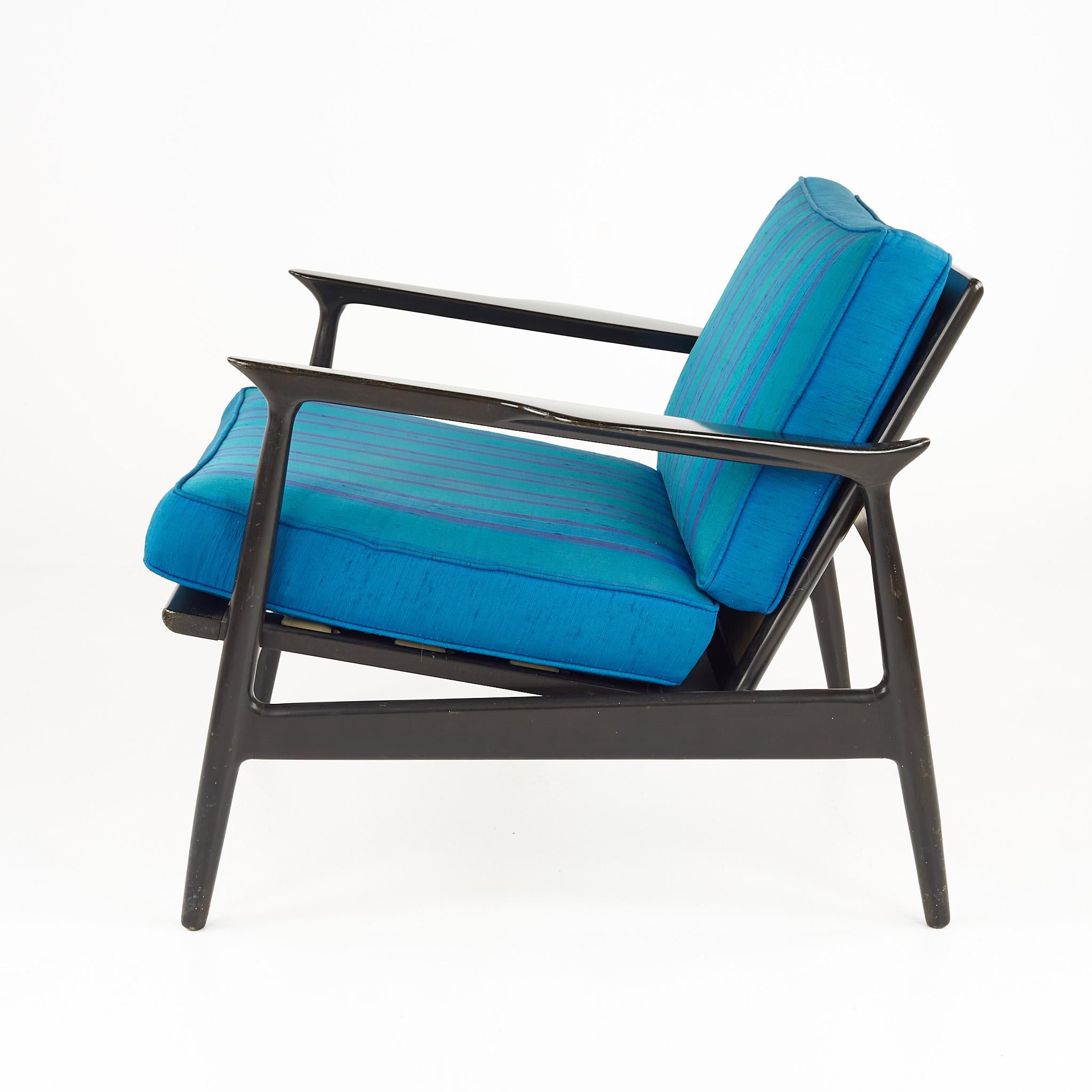 IB Kofod Larsen MCM Ebonized and Grasscloth Danish Lounge Chairs, Pair 4