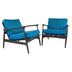 IB Kofod Larsen MCM Ebonized and Grasscloth Danish Lounge Chairs, Pair