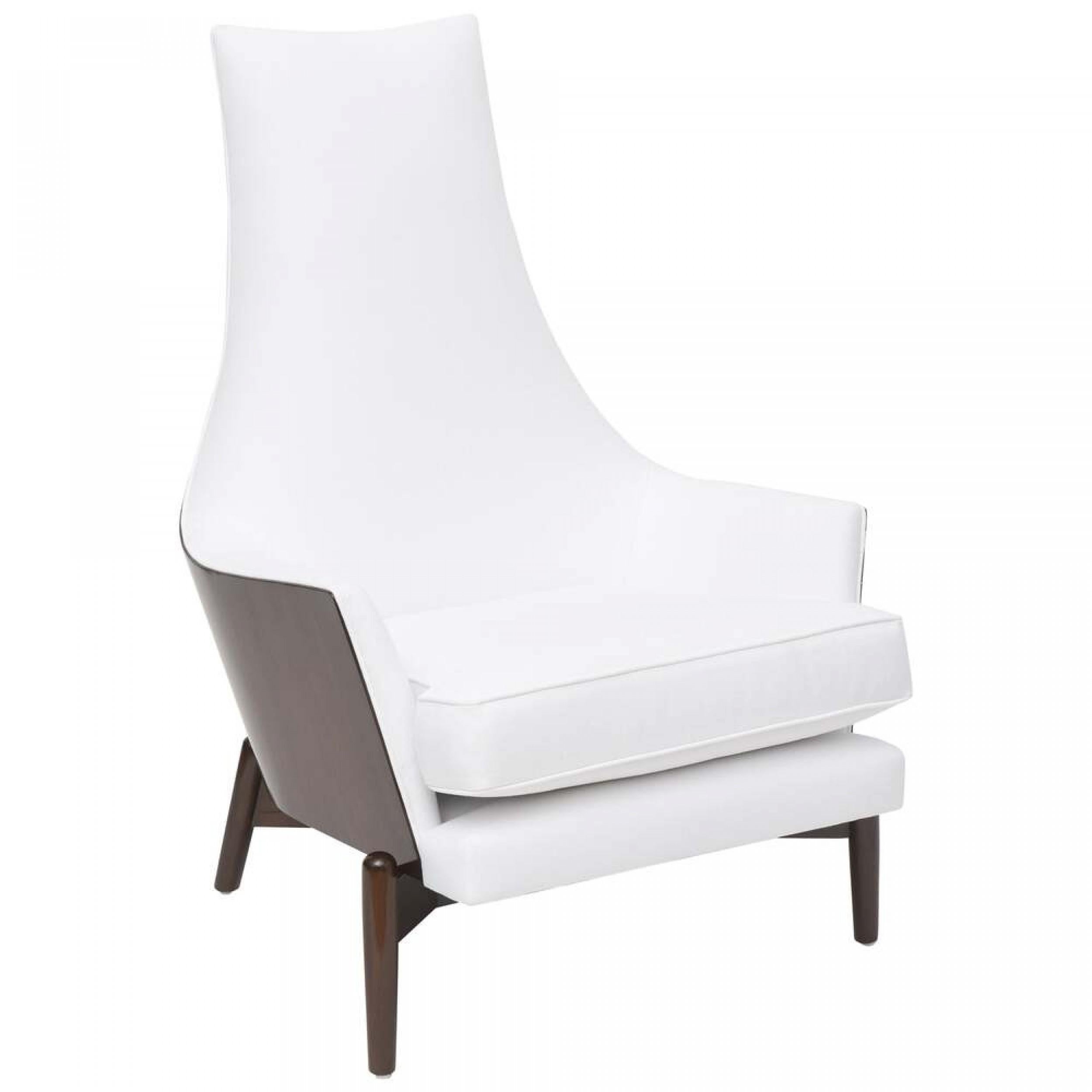 Poltrona danese del Mid-Century Modern con schienale alto che si curva e si incorpora in due braccioli quadrati, lo schienale, i braccioli e la seduta rivestiti in tessuto bianco, gli schienali, i braccioli e la base in noce scuro. (I. A. B. KOFOD